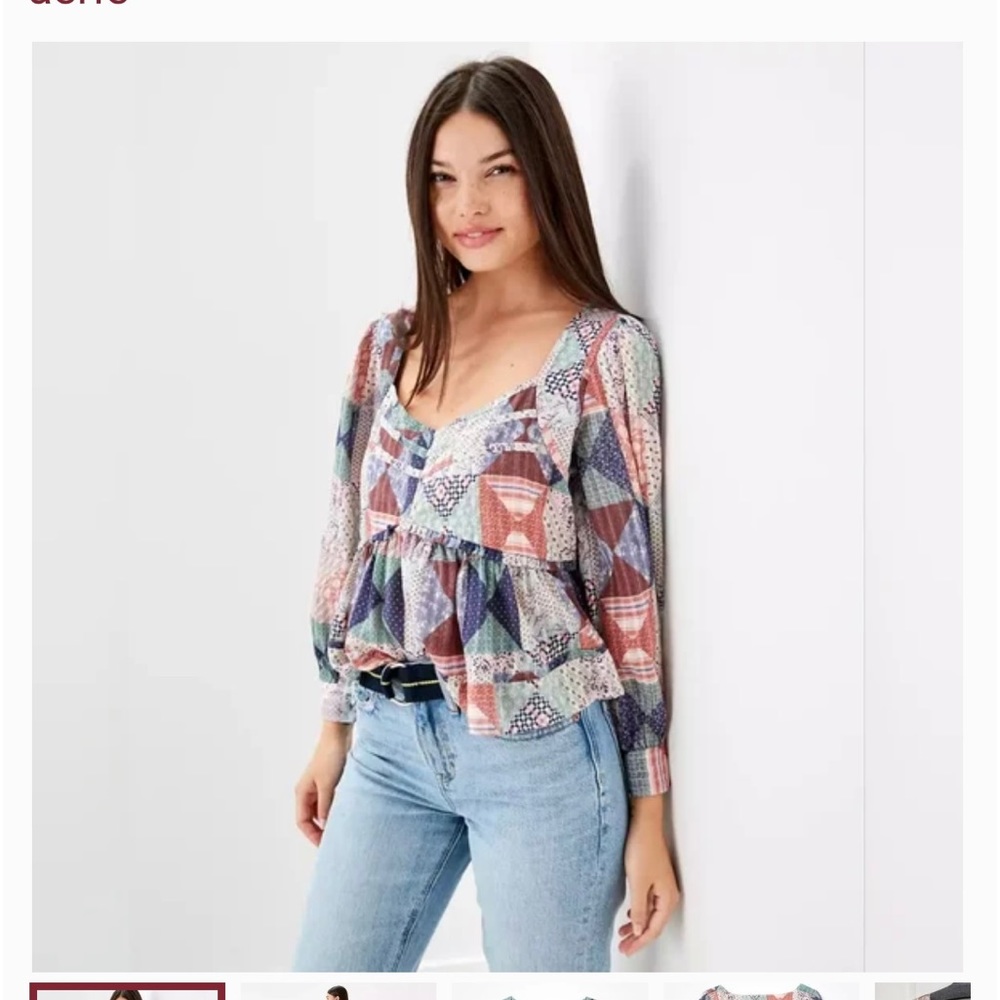 American Eagle patchwork long sleeve baby doll blouse. Aerie